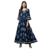 Generic Women's Cotton Printed Regular Kurti (Blue, Cotton )