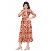 Generic Women's Casual 3/4 Sleeve Printed Viscose Maternity Feeding Kurti (Brown)