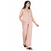 Generic Women's Casual Half Sleeve Printed Viscose Rayon Shirt With Pyjama Pant Night Suit Set (Peach)