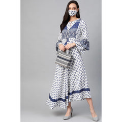 Generic Women's Casual Bell Sleeve Floral Printed Rayon Dress (White & Blue)