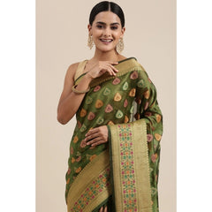 Generic Women's Organza Printed Saree With Unstitched Blouse (Mahendi, 5-6 Mtrs)