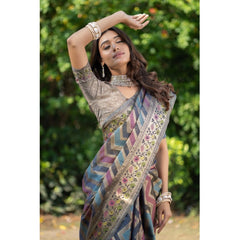 Generic Women's Organza Printed Saree With Unstitched Blouse (Teal, 5-6 Mtrs)