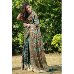 Generic Women's Organza Printed Saree With Unstitched Blouse (Green, 5-6 Mtrs)