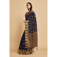 Generic Women's Chanderi Cotton Printed Saree With Unstitched Blouse (Navy Blue, 5-6 Mtrs)