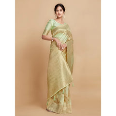 Generic Women's Linen Printed Saree With Unstitched Blouse (Pista, 5-6 Mtrs)