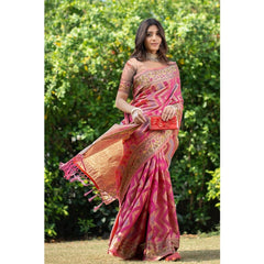 Generic Women's Organza Printed Saree With Unstitched Blouse (Pink, 5-6 Mtrs)