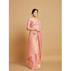 Generic Women's Linen Printed Saree With Unstitched Blouse (Pink, 5-6 Mtrs)