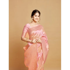 Generic Women's Linen Printed Saree With Unstitched Blouse (Pink, 5-6 Mtrs)