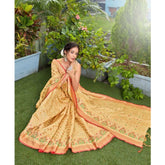 Generic Women's Organza Printed Saree With Unstitched Blouse (Beige, 5-6 Mtrs)