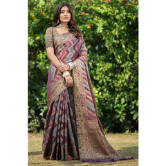 Generic Women's Organza Printed Saree With Unstitched Blouse (Wine, 5-6 Mtrs)
