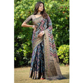 Generic Women's Organza Printed Saree With Unstitched Blouse (Teal, 5-6 Mtrs)