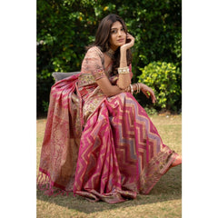 Generic Women's Organza Printed Saree With Unstitched Blouse (Pink, 5-6 Mtrs)
