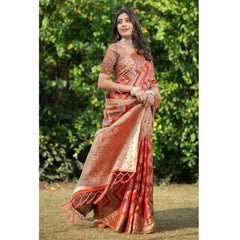 Generic Women's Organza Printed Saree With Unstitched Blouse (Orange, 5-6 Mtrs)