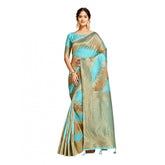 Generic Women's Linen Printed Saree With Unstitched Blouse (Sky Blue, 5-6 Mtrs)