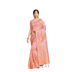 Generic Women's Linen Printed Saree With Unstitched Blouse (Pink, 5-6 Mtrs)