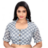 Generic Women's Cotton Blend Checks Readymade Blouse (Grey, Size: Free Size)