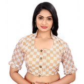 Generic Women's Cotton Blend Checks Readymade Blouse (Beige, Size: Free Size)