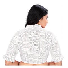 Generic Women's Cotton Blend Checks Readymade Blouse (White, Size: Free Size)
