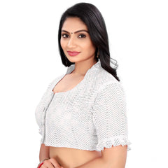 Generic Women's Cotton Blend Checks Readymade Blouse (White, Size: Free Size)