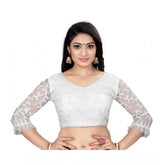 Generic Women's Nylon Net Embroidery Readymade Blouse (White, Size: Free Size)
