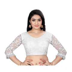 Generic Women's Nylon Net Embroidery Readymade Blouse (White, Size: Free Size)