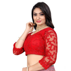 Generic Women's Nylon Net Embroidery Readymade Blouse (Red, Size: Free Size)