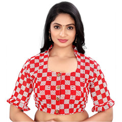 Generic Women's Cotton Blend Checks Readymade Blouse (Red, Size: Free Size)