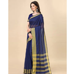 Generic Women's Cotton Silk Striped Saree With Unstitched Blouse 5.5Mtr (Dark Blue)