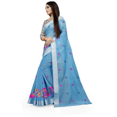 Generic Women's Cotton Silk Embroidered Saree With Unstitched Blouse 5.5Mtr (Light Blue)