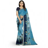 Generic Women's Georgette Floral Print Saree With Unstitched Blouse 5.5Mtr (Light Blue)