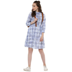 Generic Women's Cotton Checkered Roll Up Sleeve Above Knee Dress (Blue)
