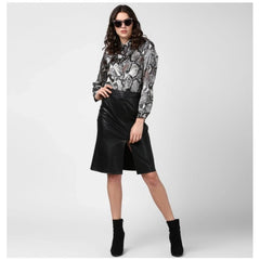 Generic Women's Satin Animal Print Long Sleeves Standard Length Shirt (Black - Grey)