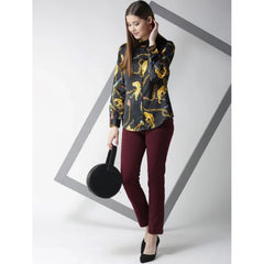 Generic Women's Satin Printed Long Sleeves Standard Length Shirt (Black - Gold)