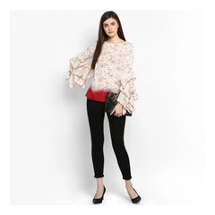 Generic Women's Rayon Crepe Printed Ruffle Sleeve Top (Off White - Red)