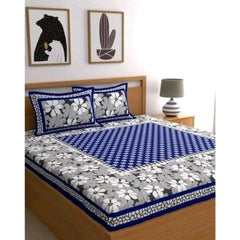 Generic Cotton Printed Queen Size Bedsheet With 2 Pillow Covers (Blue, 90x100 Inch)