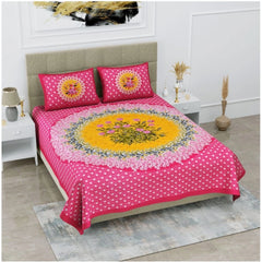 Generic Cotton Printed Queen Size Bedsheet With 2 Pillow Covers (Pink, 90x100 Inch)