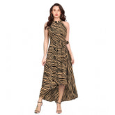 Generic Women's Polyester Zebra Pattern Halter Neck Sleeveless Dress (Yellow)