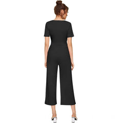 Generic Women's Knitting stretchable Solid Round Neck Cap Sleeve Jumpsuit (Black)