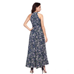 Generic Women's Polyester Printed Halter Neck Sleeveless Dress (Blue)