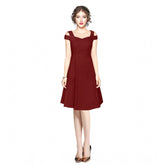 Generic Women's Polyester Solid V Neck Cap Sleeve off Shoulder Dress (Maroon)