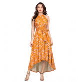 Generic Women's Polyester Printed Halter Neck Sleeveless Dress (Yellow)