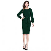 Generic Women's Knitting stretchable Solid Round Neck Full Sleeve Dress (Green)