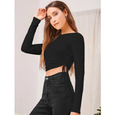 Generic Women's Polyester Solid Round Neck Full Sleeve Top (Black)