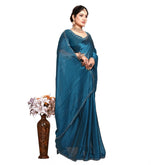 Generic Women's Georgette Satin Silk Saree With Unstitched Blouse 5.5Mtr (Blue)