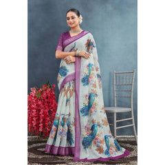 Generic Women's Linen Floral Printed Saree With Unstitched Blouse 5.5Mtr (Magenta)