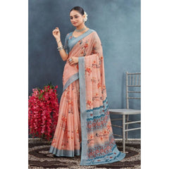 Generic Women's Linen Floral Printed Saree With Unstitched Blouse 5.5Mtr (Orange)