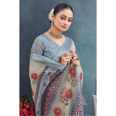Generic Women's Linen Floral Printed Saree With Unstitched Blouse 5.5Mtr (Beige)