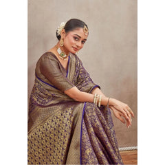 Generic Women's Silk Blend Floral Printed Saree With Unstitched Blouse 5.5Mtr (Navy Blue)