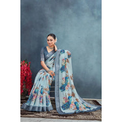 Generic Women's Linen Floral Printed Saree With Unstitched Blouse 5.5Mtr (Grey)