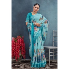 Generic Women's Linen Floral Printed Saree With Unstitched Blouse 5.5Mtr (Aqua)